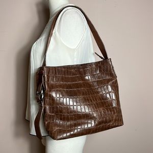 Nino Bossi Stone Croc-Embossed Jamie Leather Brown Shoulder Bag